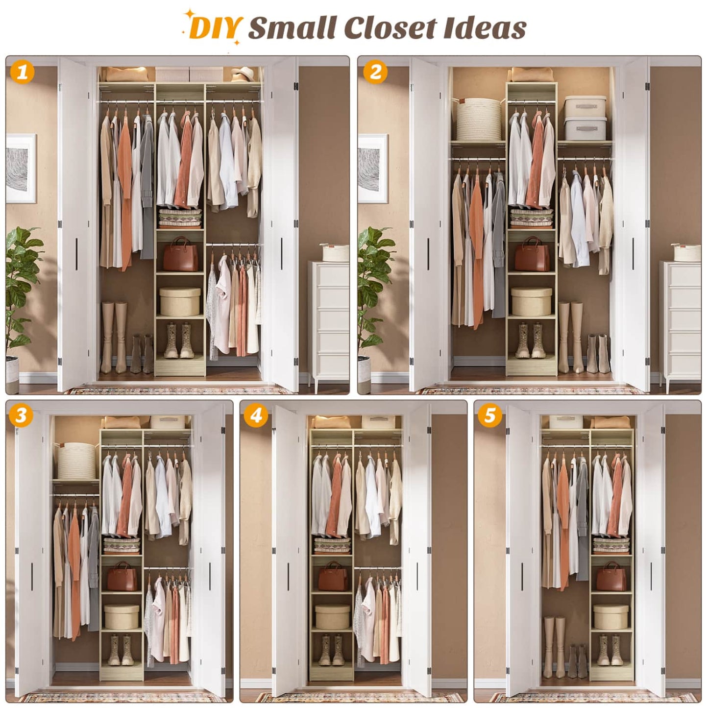 47'' W Closet System with Hanging Rods and Shelves, Closet Organizer for Bedroom