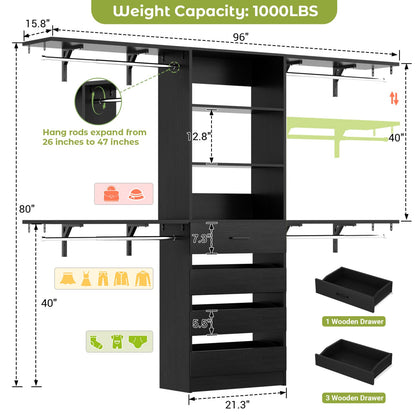 8FT Closet Organizer System with 4 Wooden Drawers & Hanging Rods