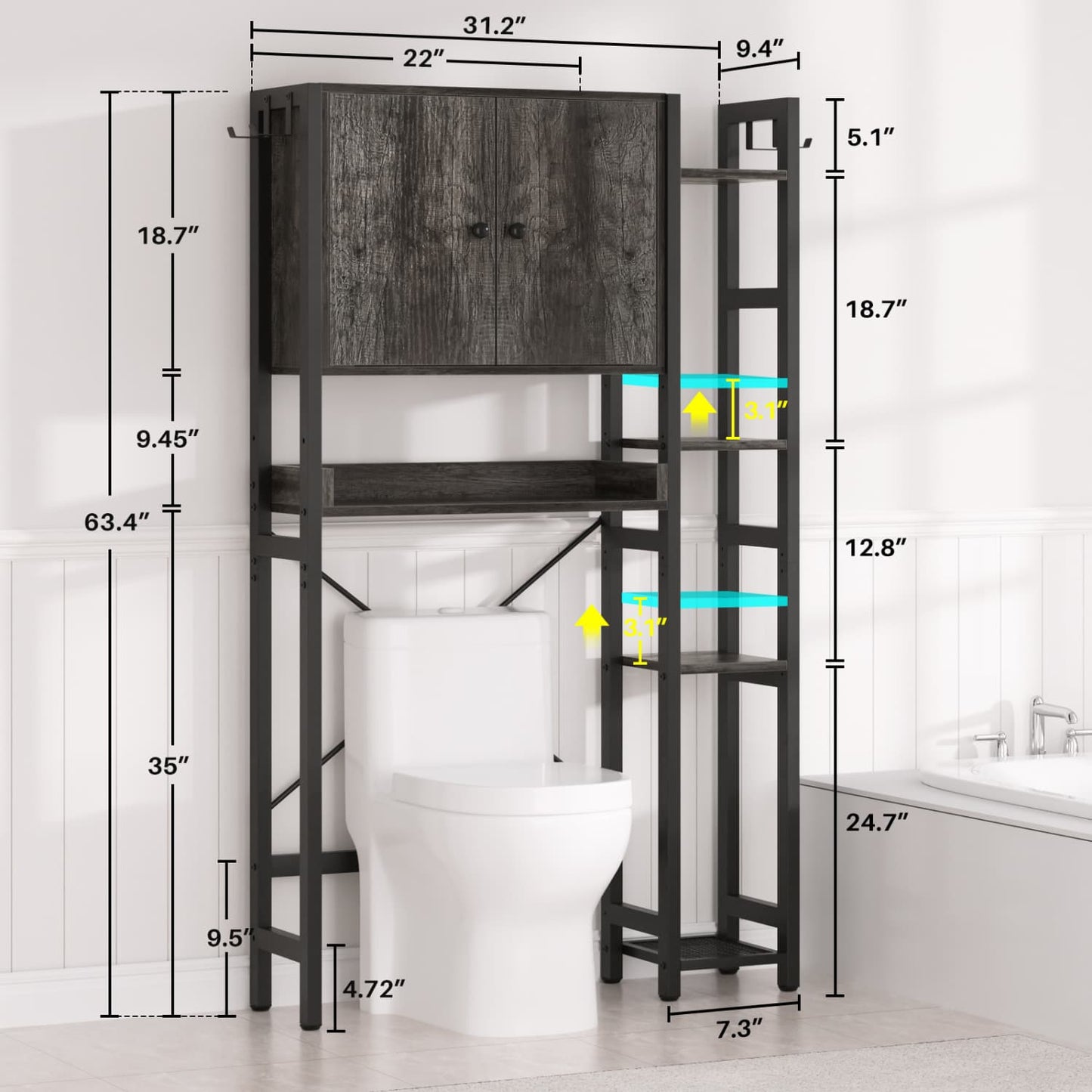 7-Tier Bathroom Organizer with Adjustable Shelf, Over The Toilet Storage Rack with 4 Hooks and Drawers