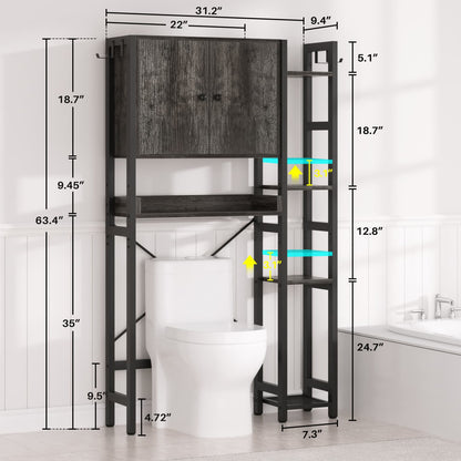 7-Tier Bathroom Organizer with Adjustable Shelf, Over The Toilet Storage Rack with 4 Hooks and Drawers