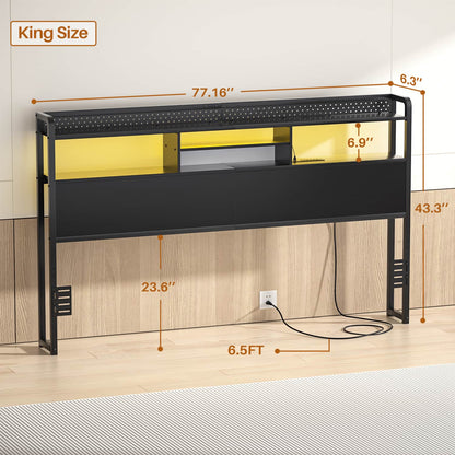 King Storage Headboard with Led Lights & Charging Station
