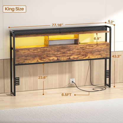 King Storage Headboard with Led Lights & Charging Station