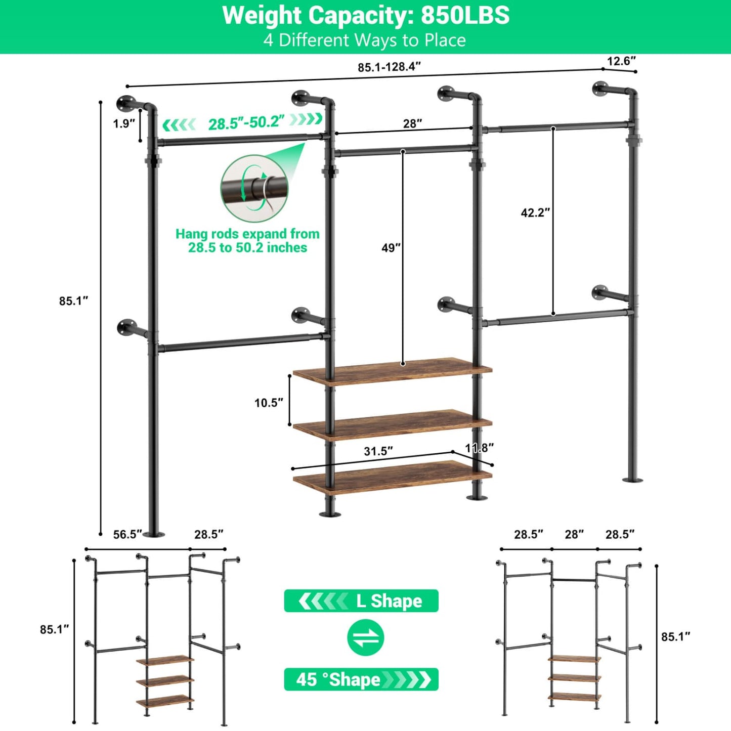 84"-128" Metal Pipe Clothing Rack Wall Mounted , Garment Rack
