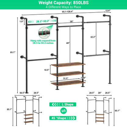 84"-128" Metal Pipe Clothing Rack Wall Mounted , Garment Rack