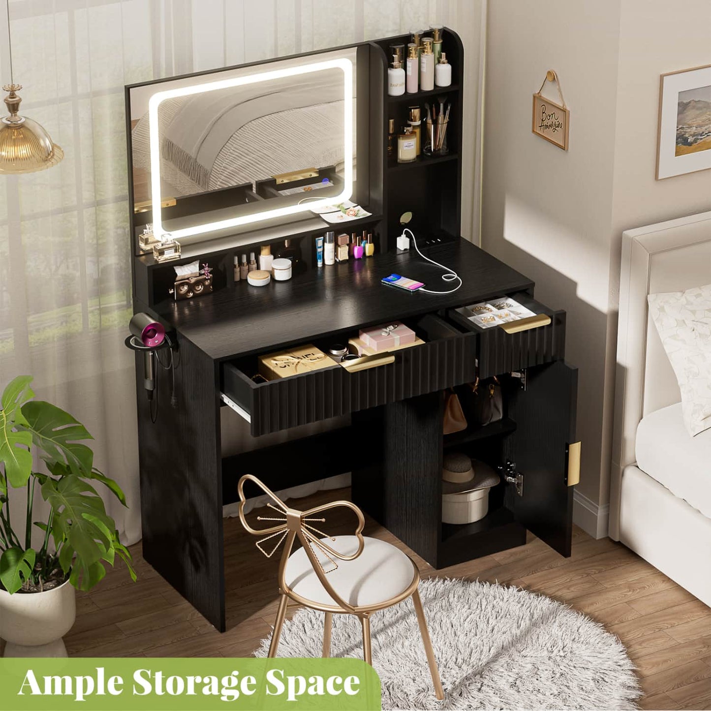 Vanity Desk with Mirror and 3 Color Lights, Makeup Vanity Desk with Drawers