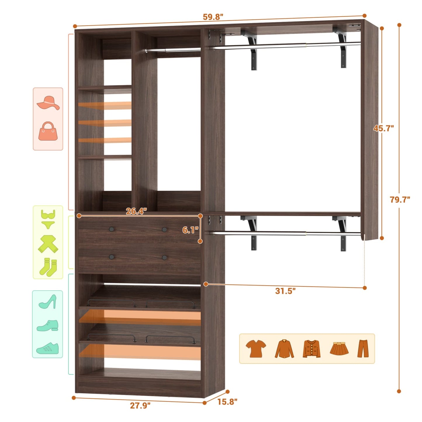 Closet System with Wooden Drawers and Two Hanging Rods