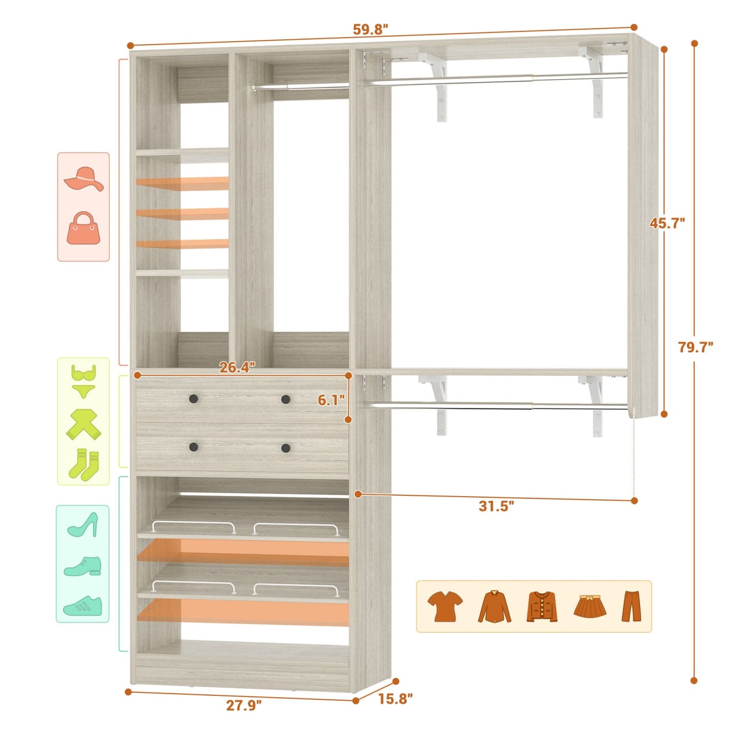 Closet System with Wooden Drawers and Two Hanging Rods