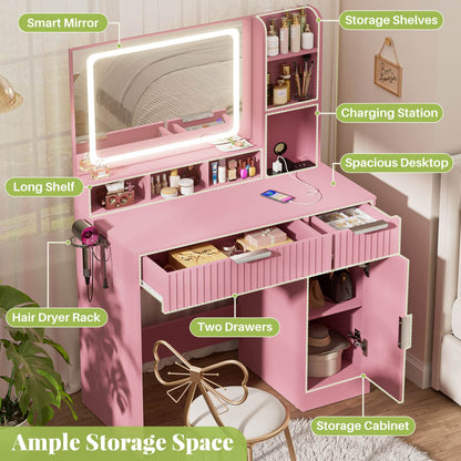 Vanity Desk with Mirror and 3 Color Lights, Makeup Vanity Desk with Drawers