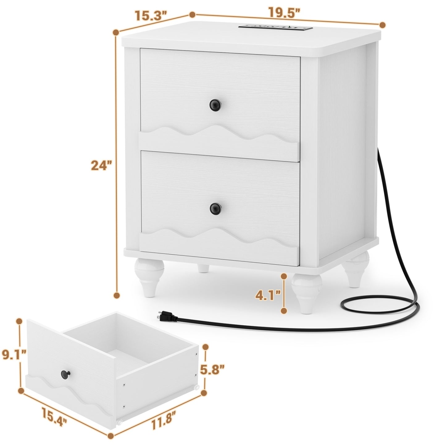 Wooden Nightstand with Charging Station, Storage Dresser with 2 Drawers