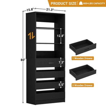 Closet System with 4 Wood Drawers and Adjustable Shelves