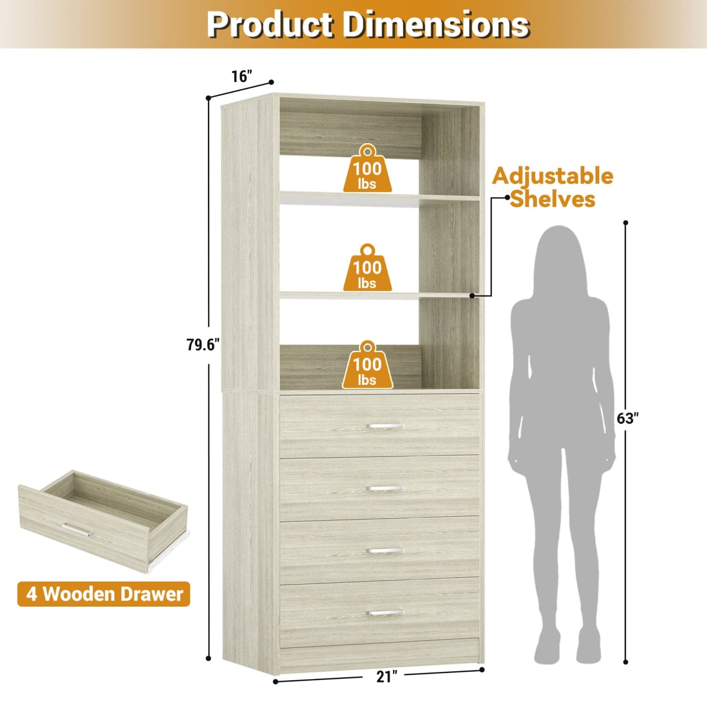 Closet Organizer System with Wood Drawers and Shelves