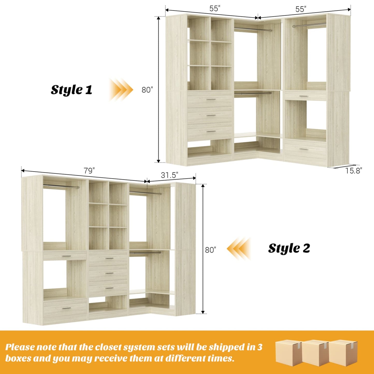 Corner Closet Oraganizer System with Drawers and Hanging Rods, Cube Storage Walk-in Closet System