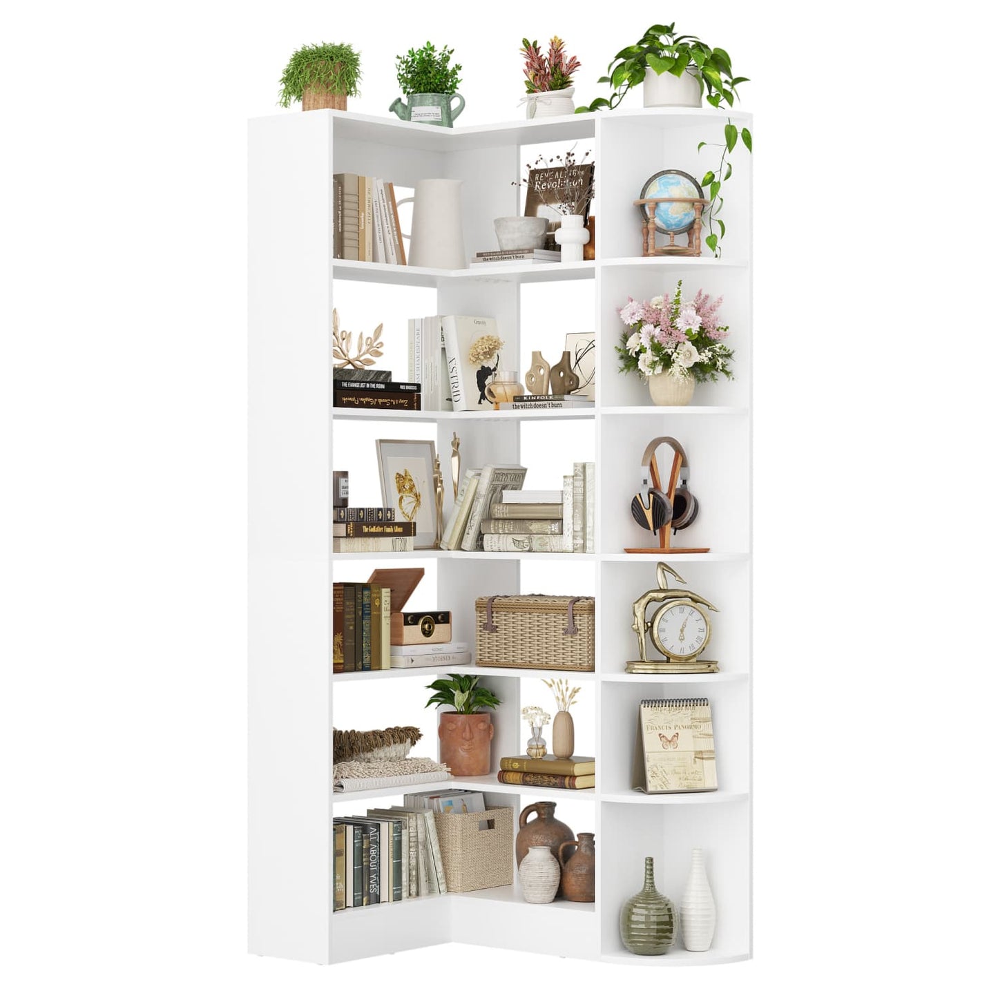 71" Tall 6-Tiers Corner Bookshelf with Open Storage, Wooden Display Shelves for Bedroom