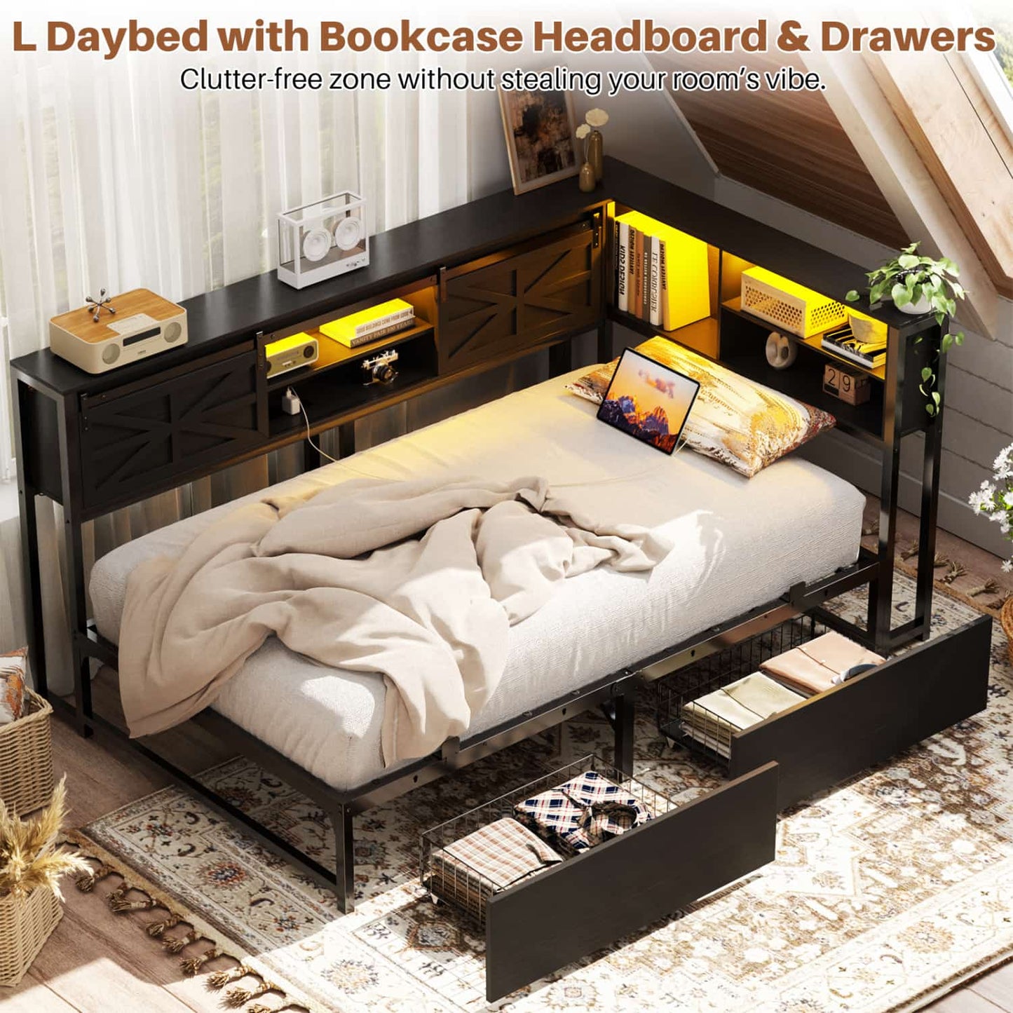 Bookcase Daybed with Wood Drawer, Corner Bed Frame with Sliding Door