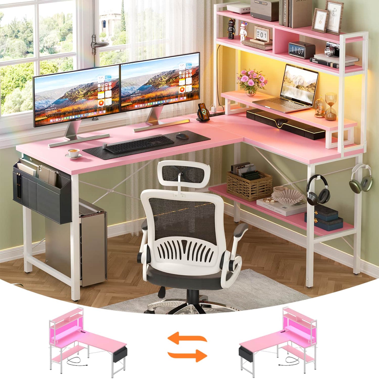L-Shaped Computer Desk with Monitor and Hutch, Gaming Desk with Charging Station