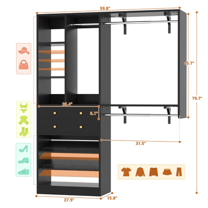 Closet System with Wooden Drawers and Two Hanging Rods