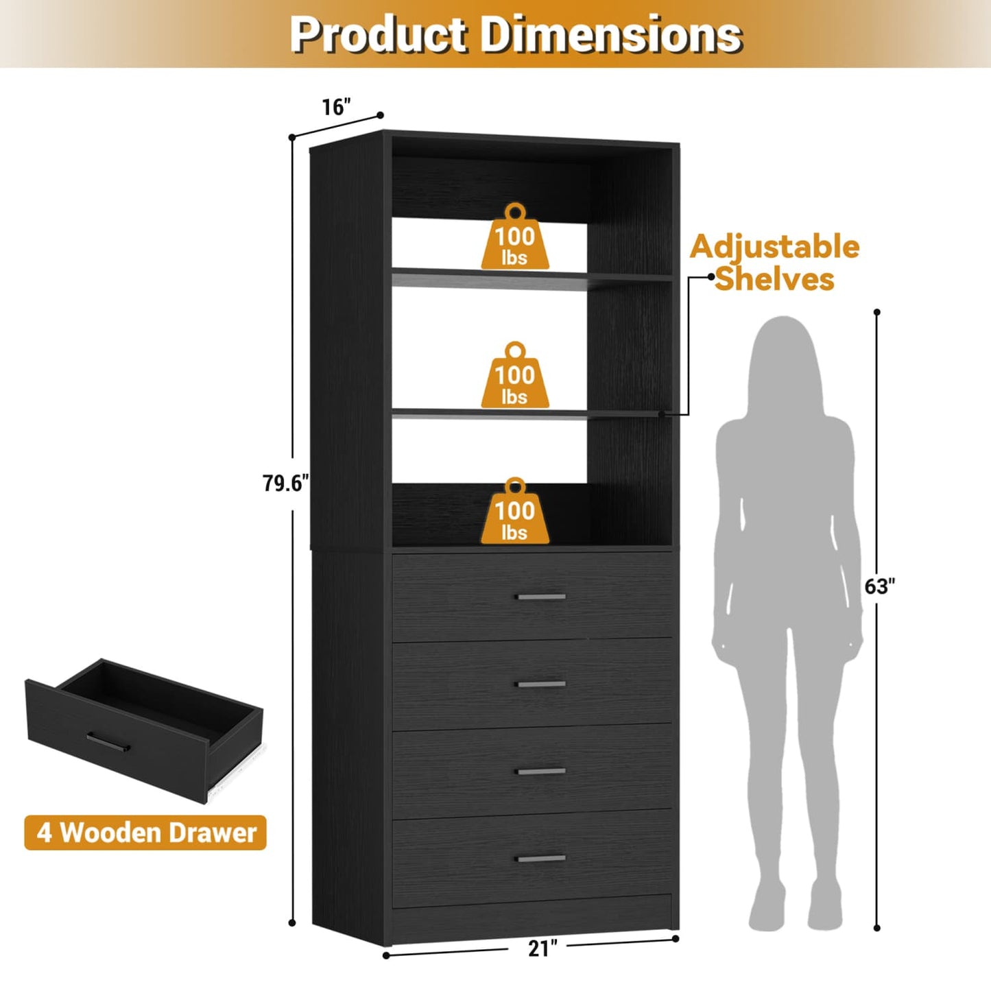 Closet Organizer System with Wood Drawers and Shelves