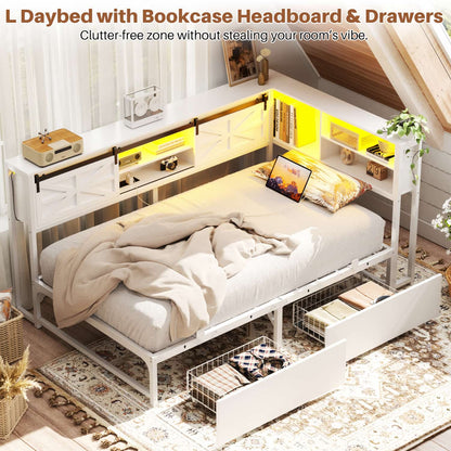 Bookcase Daybed with Wood Drawer, Corner Bed Frame with Sliding Door