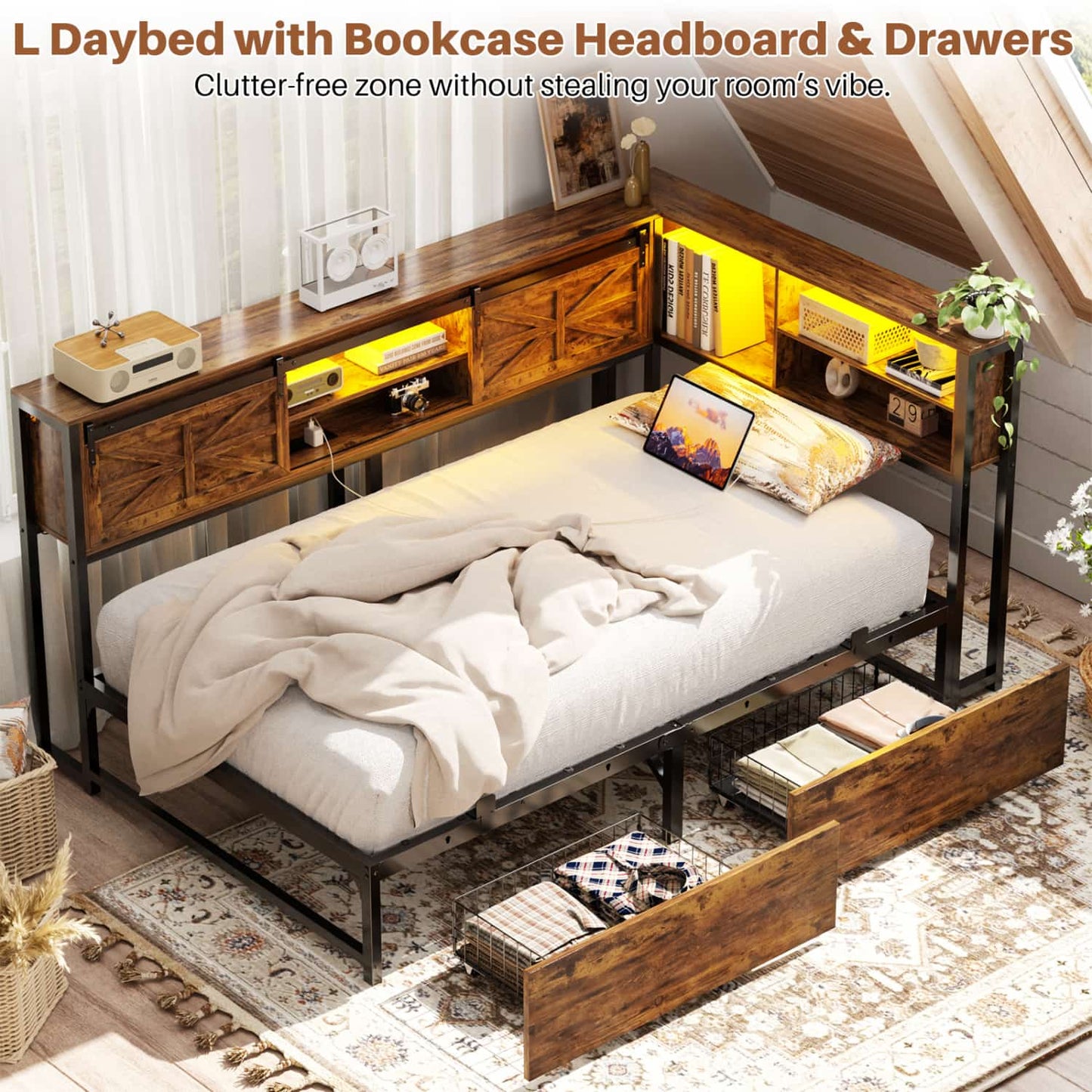 Bookcase Daybed with Wood Drawer, Corner Bed Frame with Sliding Door