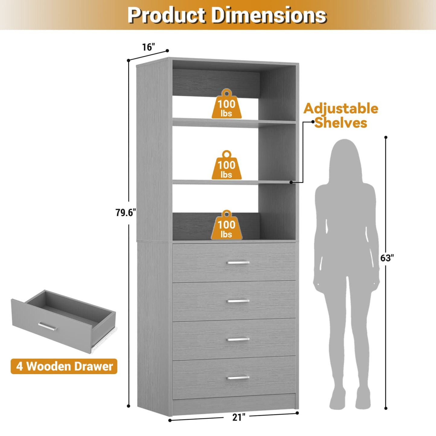 Closet Organizer System with Wood Drawers and Shelves
