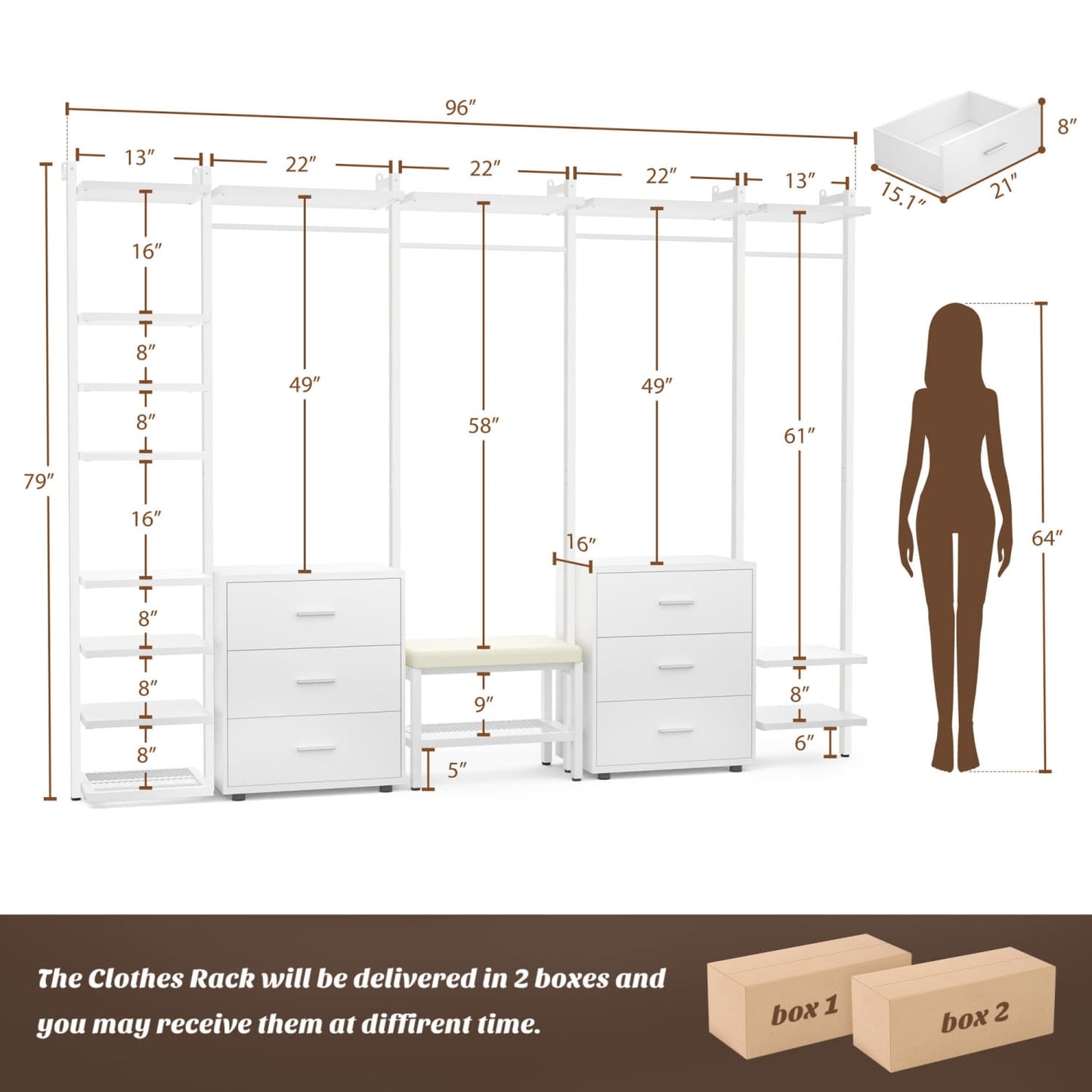 Freestanding Closet Organizer with 6 Drawers, Walk-In Closet Systen with 4 Clothing Rack