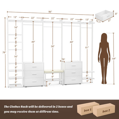 Freestanding Closet Organizer with 6 Drawers, Walk-In Closet Systen with 4 Clothing Rack