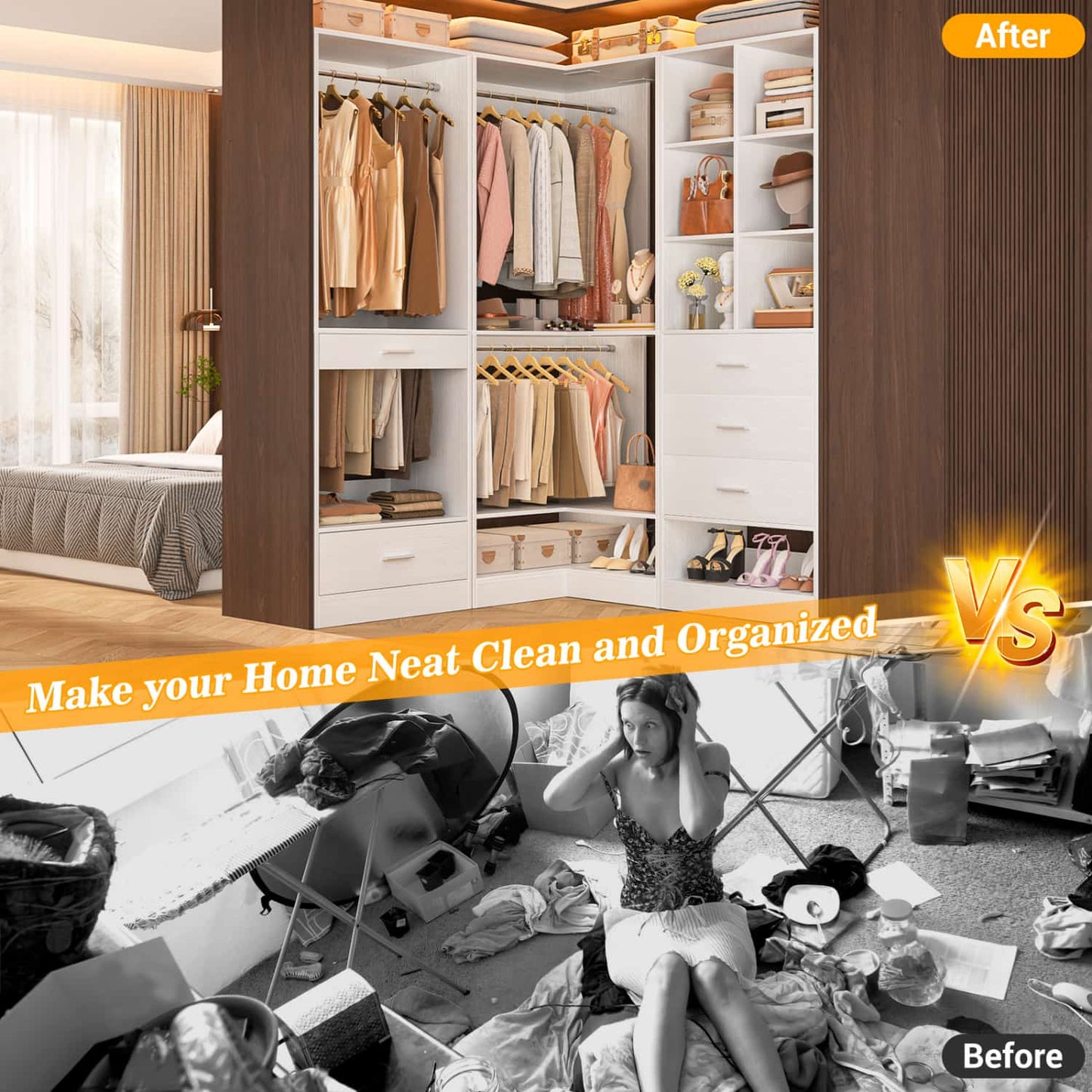 Corner Closet Oraganizer System with Drawers and Hanging Rods, Cube Storage Walk-in Closet System