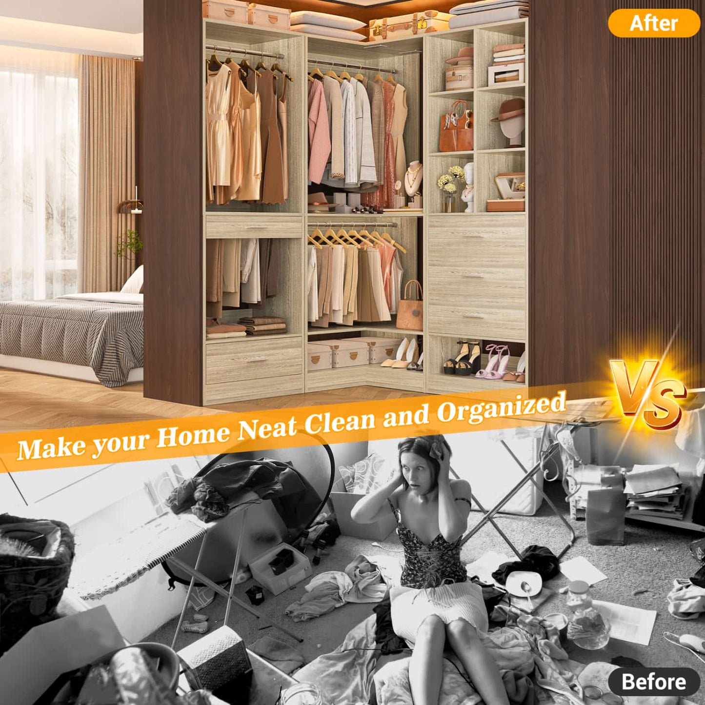 Corner Closet Oraganizer System with Drawers and Hanging Rods, Cube Storage Walk-in Closet System
