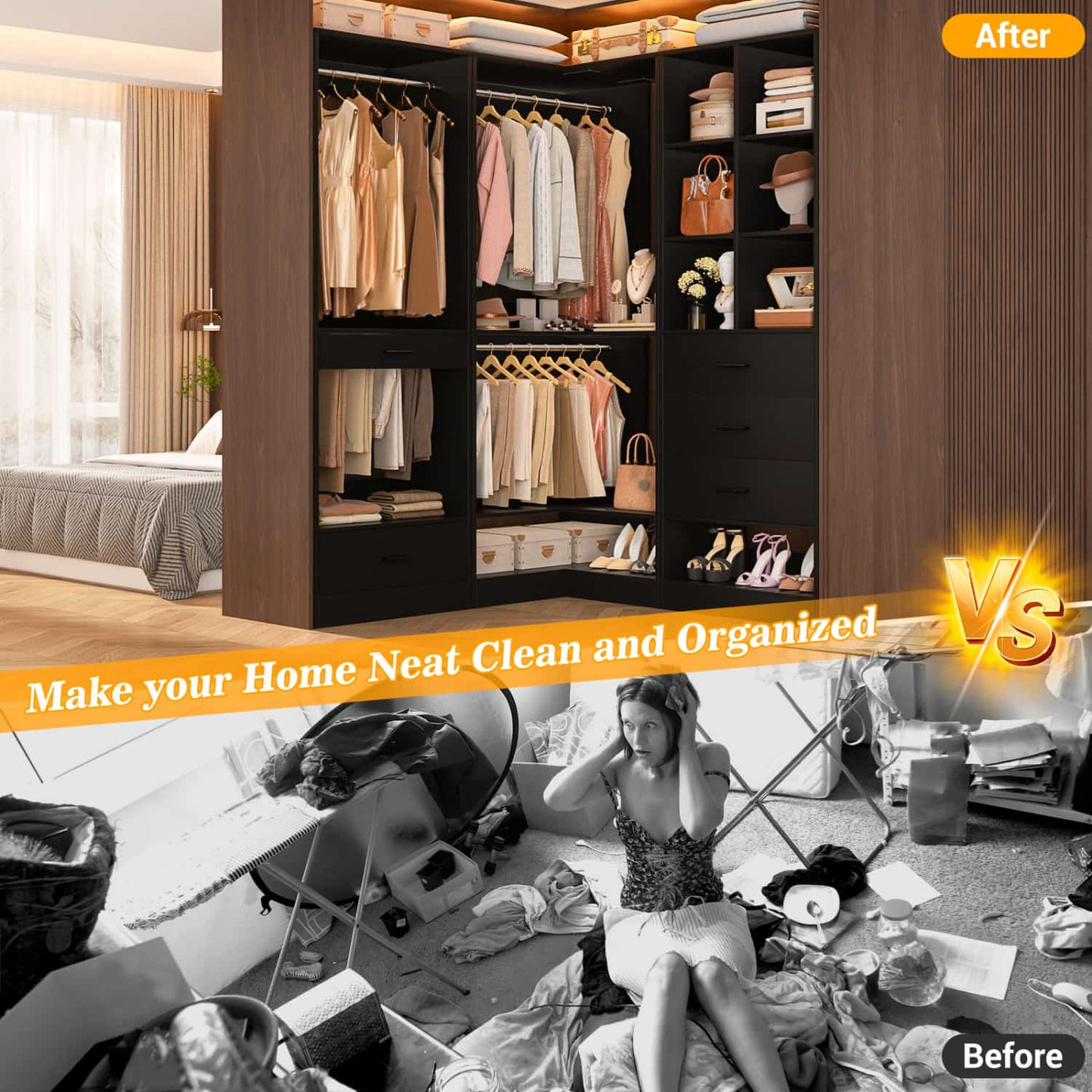 Corner Closet Oraganizer System with Drawers and Hanging Rods, Cube Storage Walk-in Closet System
