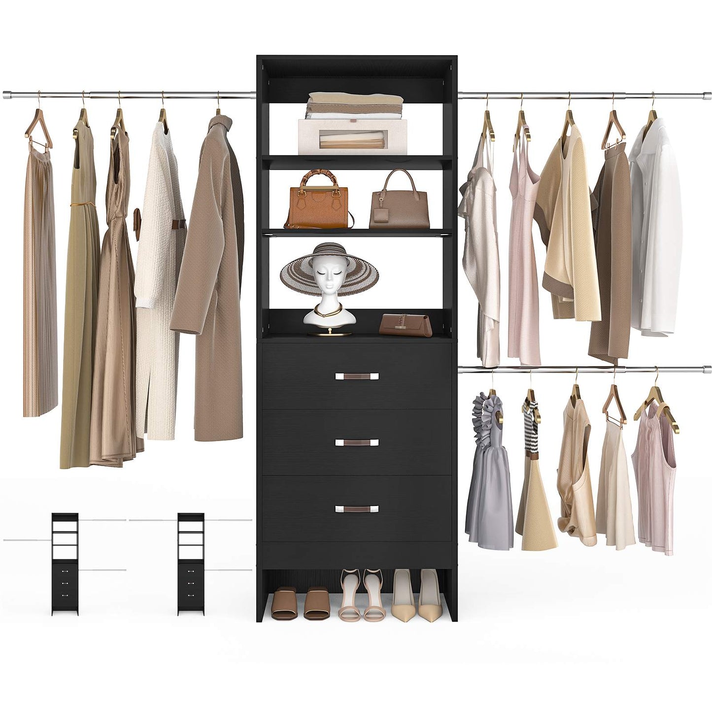 8FT Closet Organizer System with 3 Hanging Rods, 96'' Closet Organizers and Storage with 3 Wooden Drawers