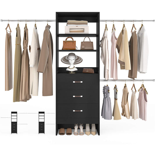 8FT Closet Organizer System with 3 Hanging Rods, 96'' Closet Organizers and Storage with 3 Wooden Drawers