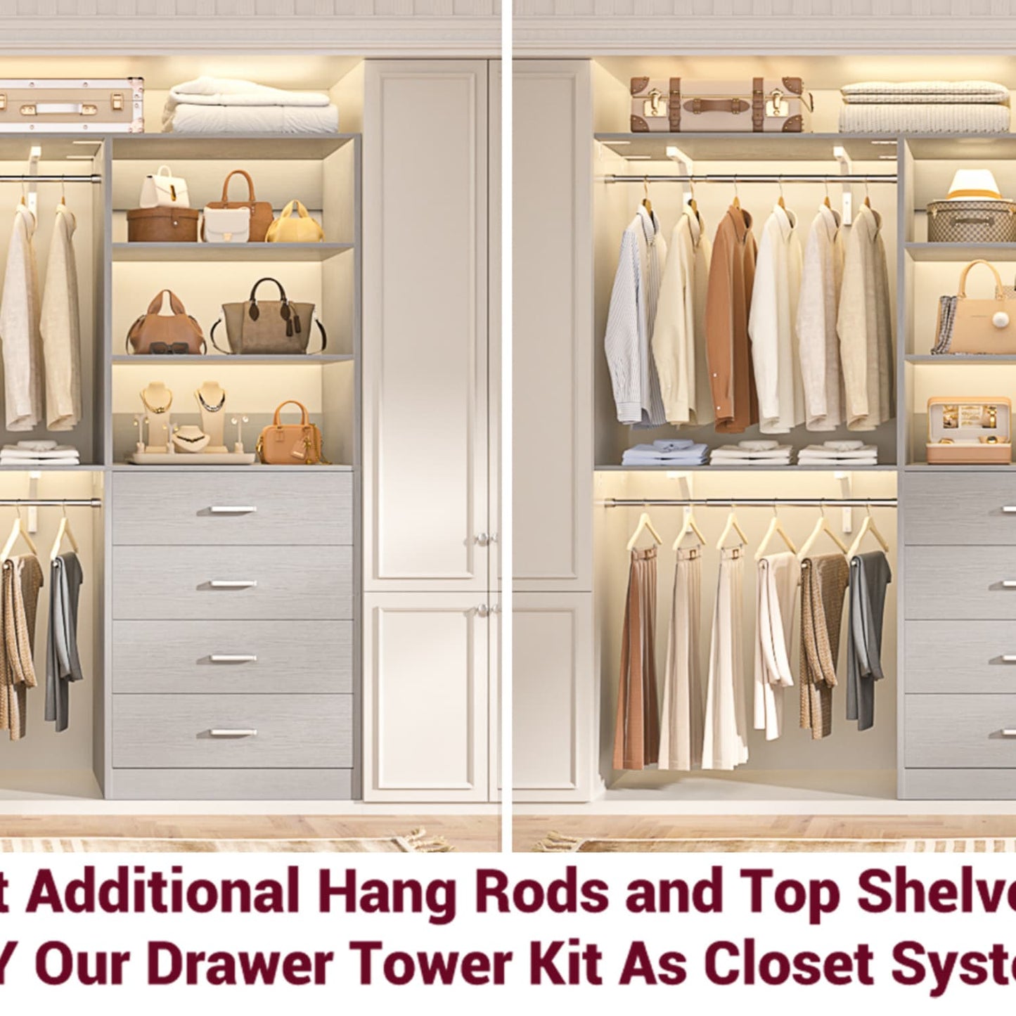 Closet Organizer System with Wood Drawers and Shelves