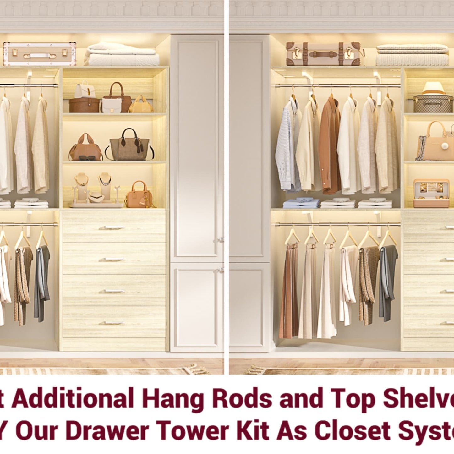 Closet Organizer System with Wood Drawers and Shelves