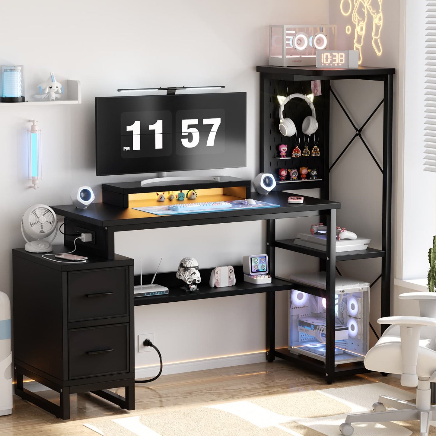 Computer Desk with Power Outlets and Fabric Drawers