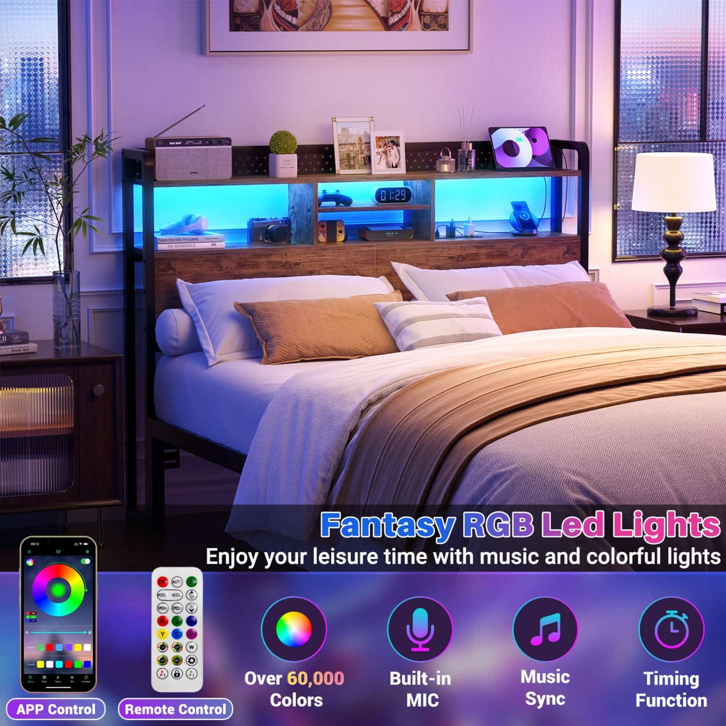 Queen Storage Headboard with Led Lights & Charging Station