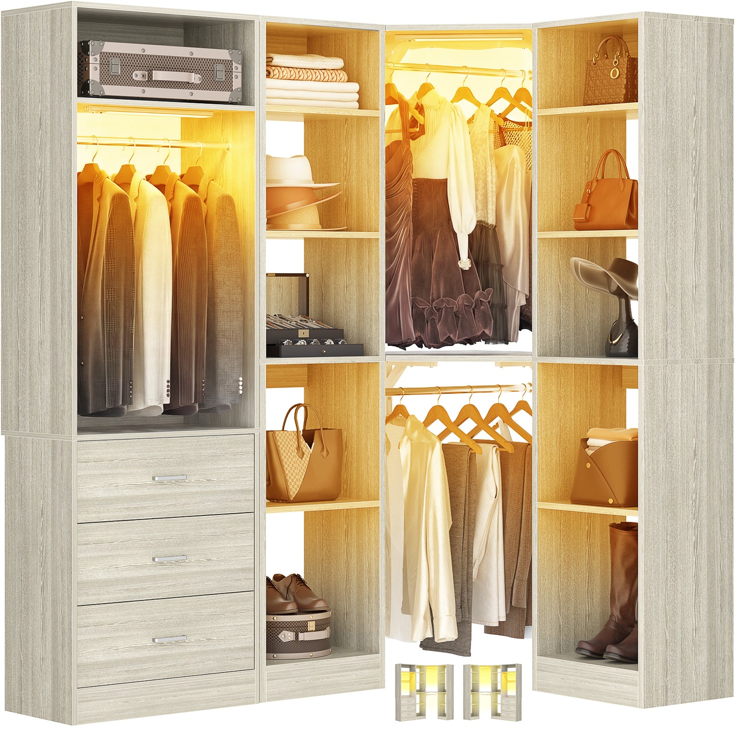 Corner Closet System with 2 Sensor Lights, Corner Closet Organizer with 3 Drawers, 13 Shelves & 3 Hanging Rods