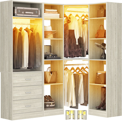 Corner Closet System with 2 Sensor Lights, Corner Closet Organizer with 3 Drawers, 13 Shelves & 3 Hanging Rods