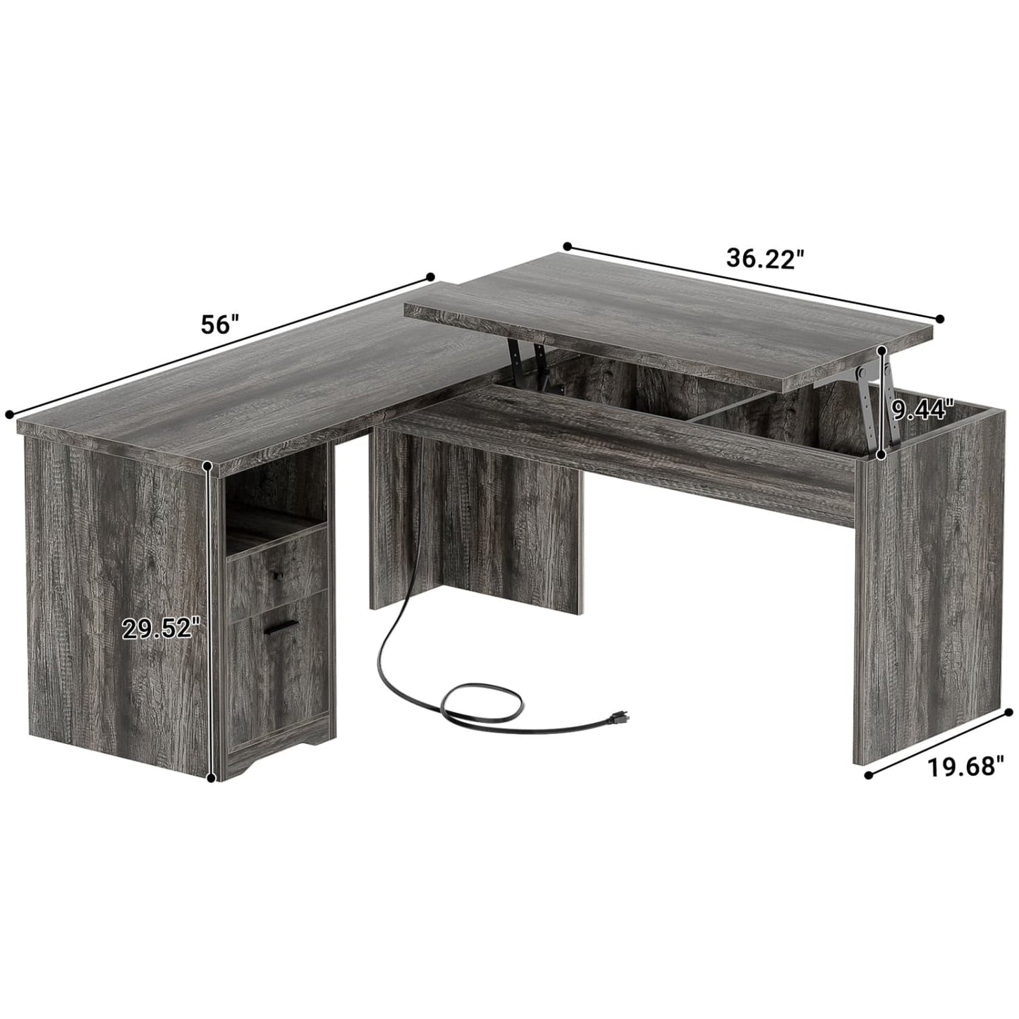 56" Lift Top Computer Desk with Drawers and Power Outlets, Lift Top