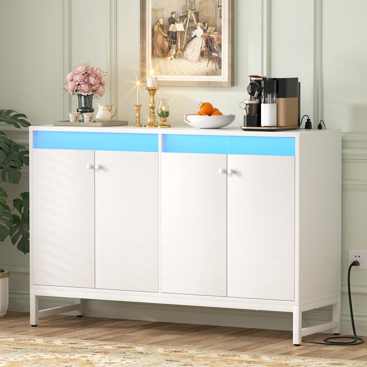 Storage Buffet Cabinet with Adjustable Shelves, Coffee Bar with Charging Station, LED Light