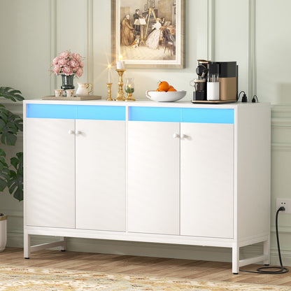 Storage Buffet Cabinet with Adjustable Shelves, Coffee Bar with Charging Station, LED Light