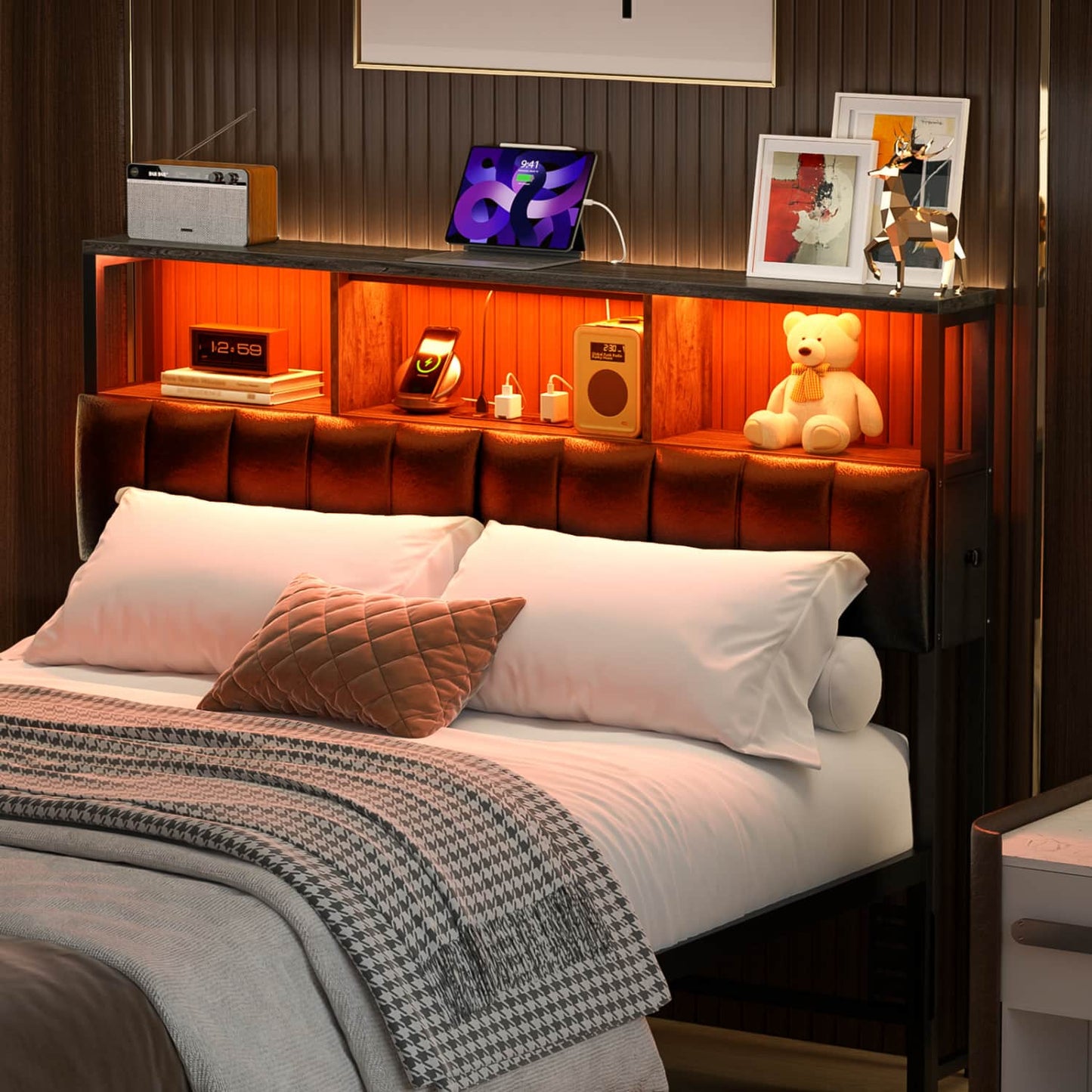 Full Upholstered Headboard with Storage Bags