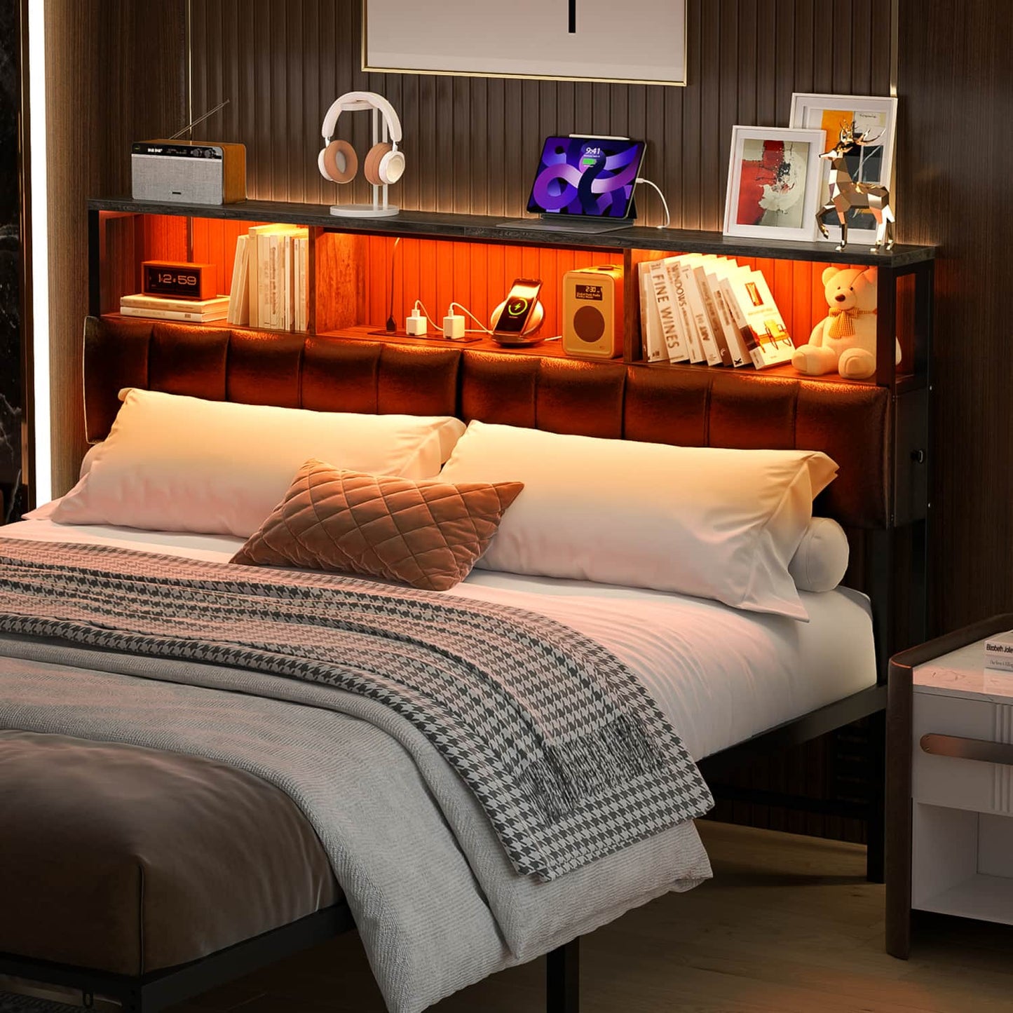 Queen Upholstered Headboard with Storage Bags