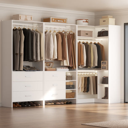 86-In Closet System Set with Wood Drawers, Corner Closet Organizer with Hanging Rods