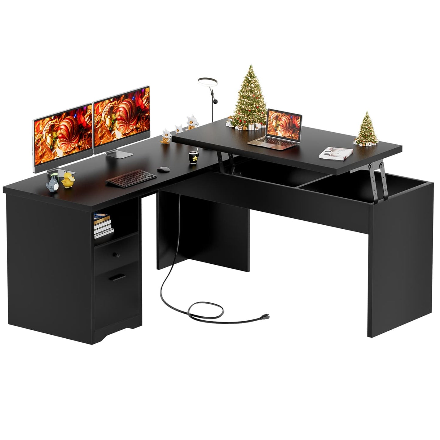 56" Lift Top Computer Desk with Drawers and Power Outlets, Lift Top