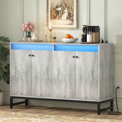Storage Buffet Cabinet with Adjustable Shelves, Coffee Bar with Charging Station, LED Light