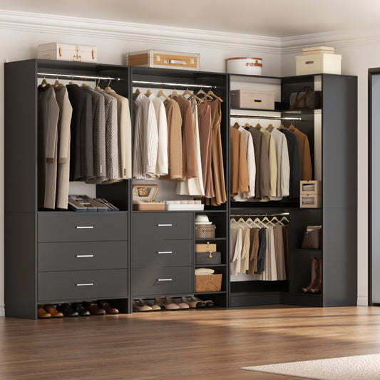 86-In Closet System Set with Wood Drawers, Corner Closet Organizer with Hanging Rods
