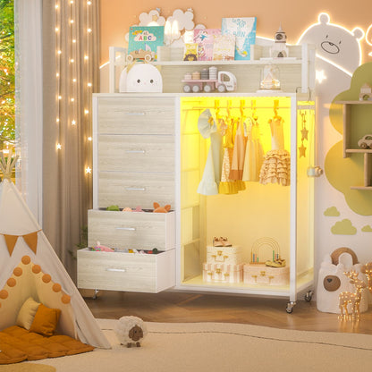 Dresser for Bedroom with Clothes Rack & Shelves, 5 Drawers Dresser with Charging Station