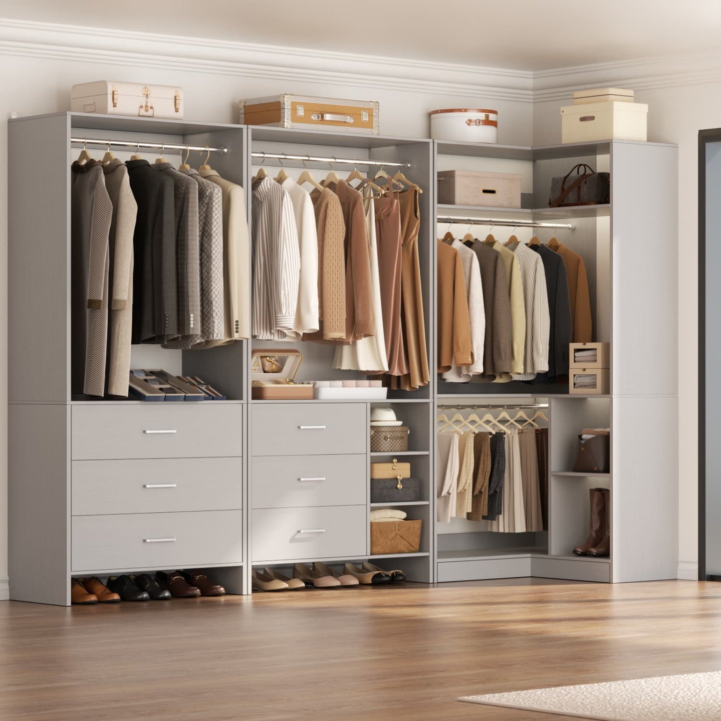 86-In Closet System Set with Wood Drawers, Corner Closet Organizer with Hanging Rods