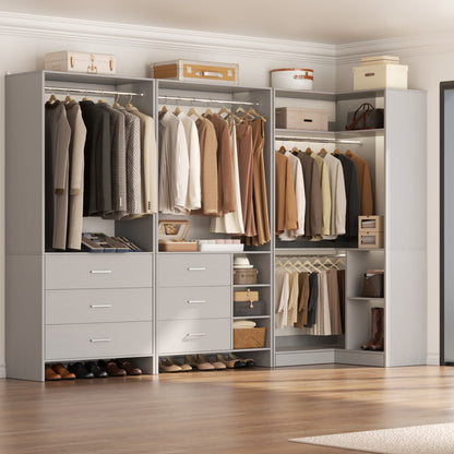 86-In Closet System Set with Wood Drawers, Corner Closet Organizer with Hanging Rods