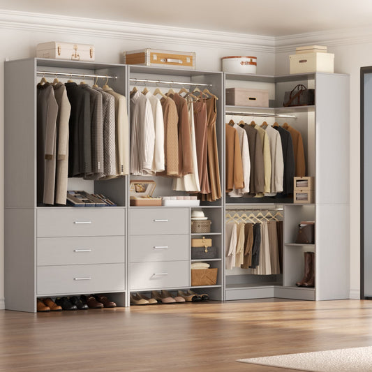 86-In Closet System Set with Wood Drawers, Corner Closet Organizer with Hanging Rods